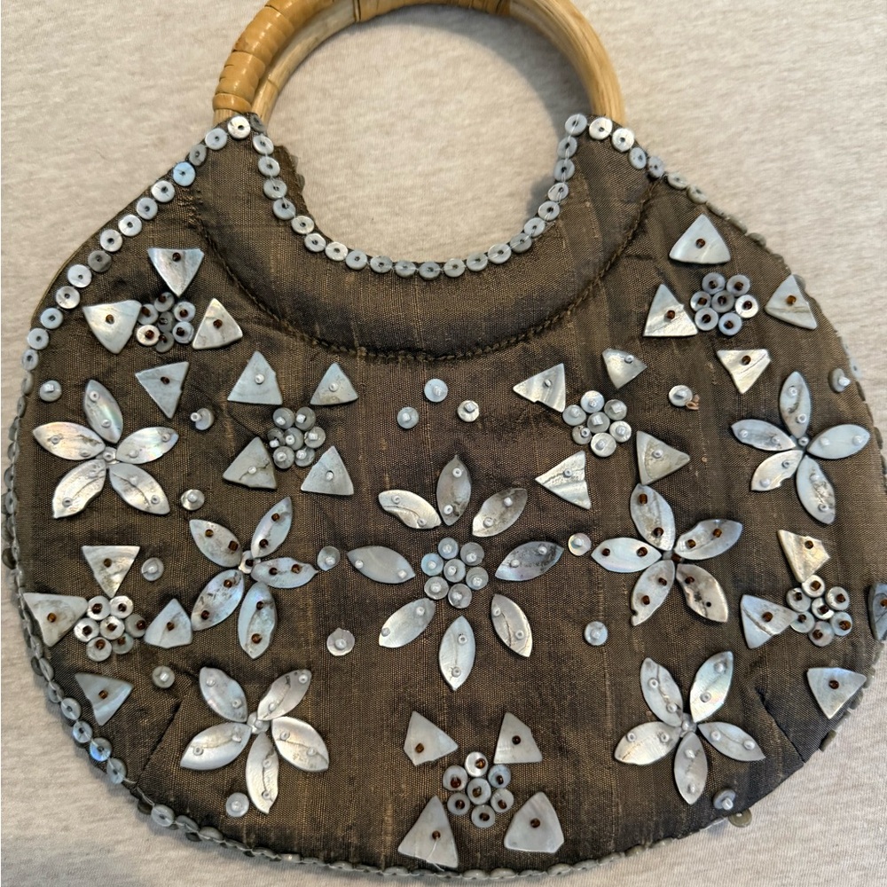 Coldwater Creek Brown and Silver Shoulder Bag with Floral Embellishments